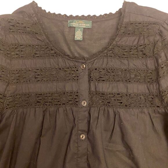 LRL Lauren Jeans Co Black Top with Lace Cut Outs Size Small - Picture 2 of 8